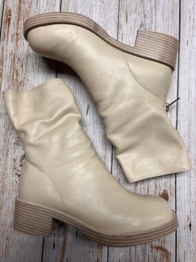 Women’s Cream Leather Mid-Calf Block Heel Boots